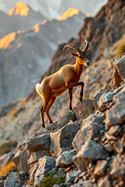 a chamois climbing rocky terrain in a mountain landscape, golden hour lighting, sharp focus, shallow depth of field, ISO 100, aperture f/2.8, shutter speed 1/500s, DSLR camera, landscape orientation, vibrant colors