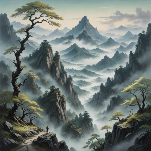 A nature landscape painting in the style of Black Myth: Wukong with a cold color scheme, featuring vibrant trees in the foreground reaching towards the sky to echo distant mountains of various shapes. Each mountain is enveloped by mist, adding a mystical touch. The overall color palette contrasts blue-gray skies with pale green vegetation. Light enters from the left side, enhancing the sense of depth and dimension, making the mountain contours more distinct and the mist appear ethereal. This detailed and poetic artwork showcases the majesty of nature while creating a serene and profound atmosphere.