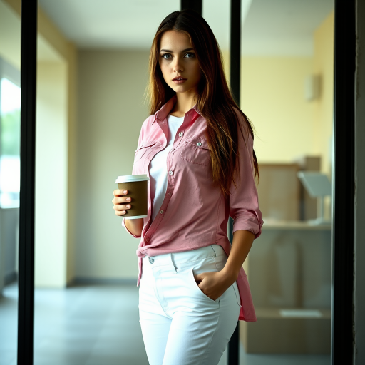 A young woman with long brown hair stands with her back against a glass door, wearing a pink button-down shirt over a white T-shirt and white pants, holding a cup of coffee in her right hand. The woman is looking directly at the viewer, her expression is neutral. Her right hand is tucked into the pocket of her pants while her left hand holds the coffee cup. The lighting is soft and natural, highlighting her features. The background is blurred, with the focus on the woman. The photo is taken from a slightly elevated perspective, showcasing the woman's full figure.