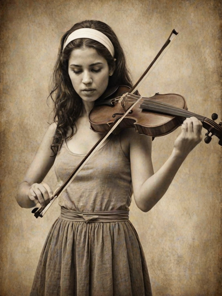 a young Mizrahi woman with a white headband playing a violin, in the style of a charcoal drawing, sepia grunge background