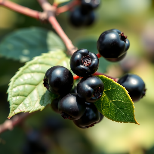 Create a high-resolution illustration of a branch with black berries and a green leaf, using macro photography style, with a shallow depth of field, f-stop of 2.8, ISO 100, and natural light.