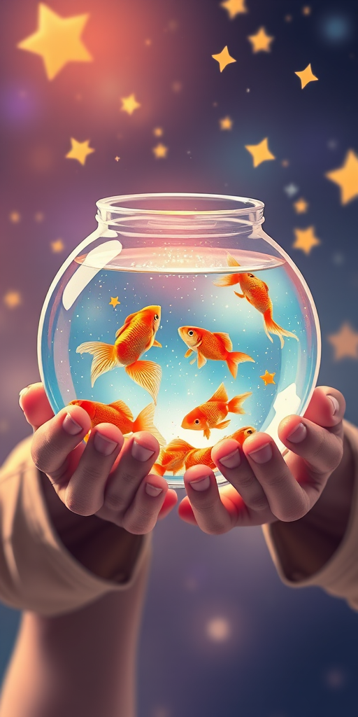 Create an illustration of a person holding a transparent fishbowl with goldfish, surrounded by stars, using a Canon EOS 5D Mark IV, 50mm lens, f/2.8 aperture, ISO 100, with a soft-focus background and vibrant color palette.