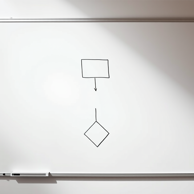 create a detailed flowchart on a whiteboard with a rectangular box, a circular shape, and a diamond, using a Canon EOS 5D Mark IV with a 50mm f/1.8 lens, aperture f/8, shutter speed 1/125s, ISO 100, top-down view, minimalistic line art style, high contrast and clear definition