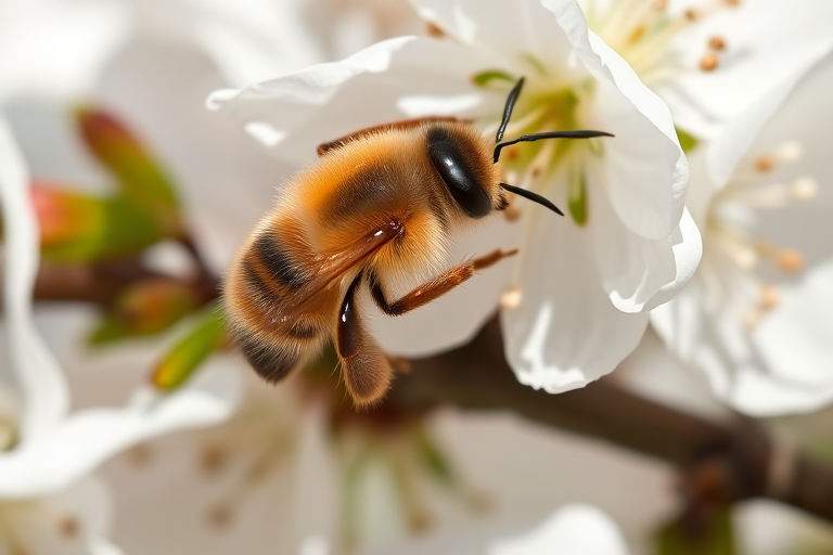 Close-up of a bee pollinating delicate white cherry blossoms, shallow depth of field, ISO 100, f/2.8, 1/200s, macro lens, natural soft sunlight, DSLR camera.