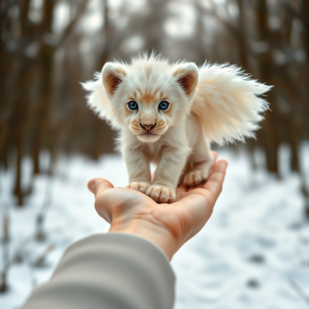 A small, white lion cub with angelic wings standing on a human hand. The cub has a soft, fluffy texture with detailed fur, expressive blue eyes, and a curious expression. The wings are large and feathery, blending seamlessly with its fur, giving an ethereal appearance. The background is a winter forest, with the ground covered in snow and blurred brown trees, creating a serene atmosphere. The human hand in the foreground is positioned palm-up, supporting the lion cub gently, fingers slightly curled. The lighting is soft and diffused, enhancing the tender and magical feel of the scene. Colors are predominantly neutral with white, cream, and soft browns, contrasting with the subtle blue of the lion cub's eyes. The overall composition is balanced, with the cub at the center, creating a focal point that draws the viewer's attention immediately.