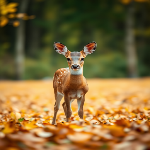a young deer standing in a forest with autumn leaves, soft focus background, 50mm lens, f/1.8 aperture, ISO 200, natural lighting, shallow depth of field, close-up view, DSLR camera