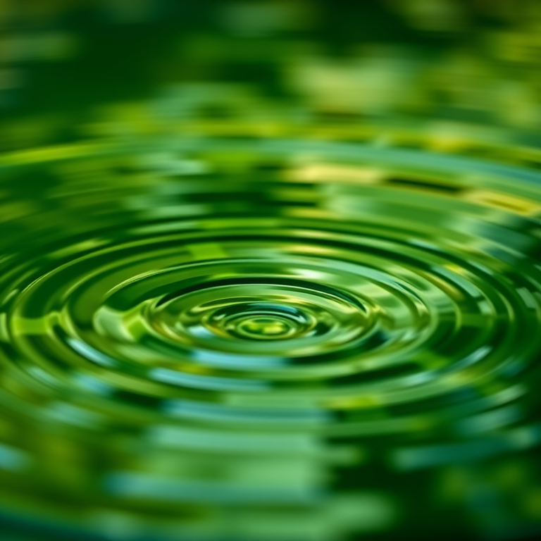 Create an abstract image of water ripples in various shades of green, focused with a shallow depth of field, using a Canon EOS R5 with an 85mm f/1.4 lens, f/2.8 aperture, ISO 100, and a soft bokeh background for enhanced quality.