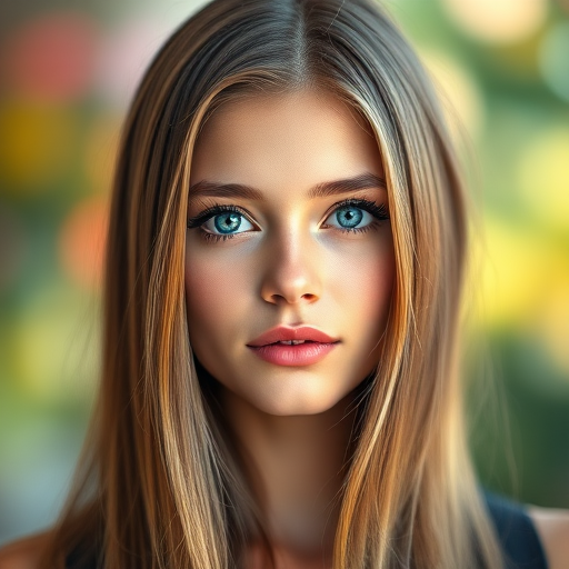 Create a hyper-realistic portrait of a young woman with long, straight hair and striking blue eyes, soft bokeh background with vibrant colors, 85mm lens, f/1.4 aperture, ISO 100, natural light, shot with a DSLR camera.