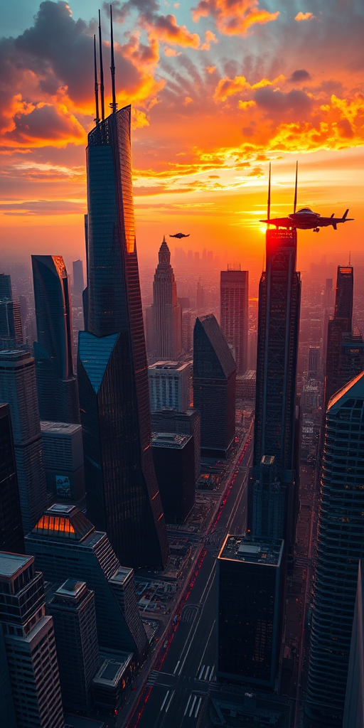 futuristic cityscape at sunset with towering skyscrapers and flying vehicles, shot from a high vantage point, using a Canon EOS R5, f/2.8 aperture, ISO 100, and a wide-angle lens at 16mm for expansive depth, emphasizing vibrant colors and intricate details