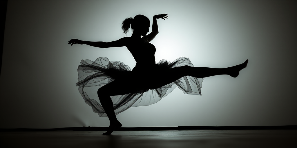 Create a high-resolution silhouette of a dancer in a dynamic pose, shot with a Canon EOS 5D Mark IV at f/2.8, ISO 100, 1/200s, from a low angle view, using a soft focus lens for a smooth background blur and enhanced detail around the dancer's outline.