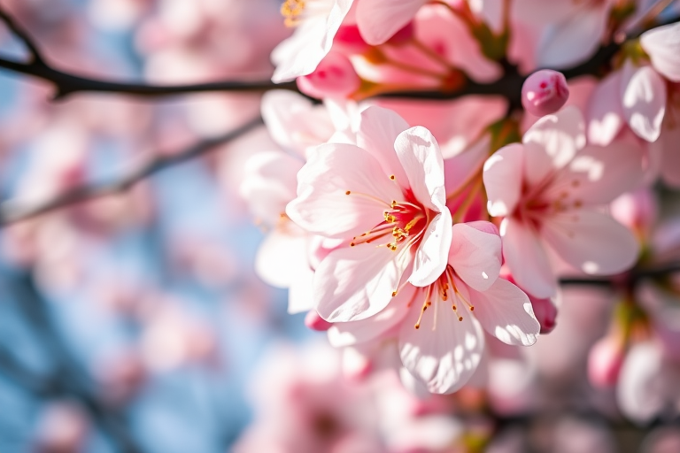 macro shot of cherry blossoms with soft focus background, f/2.8 aperture, 1/200 sec shutter speed, ISO 100, shot with a DSLR camera from a low angle with natural sunlight, emphasize delicate petals and vibrant colors.