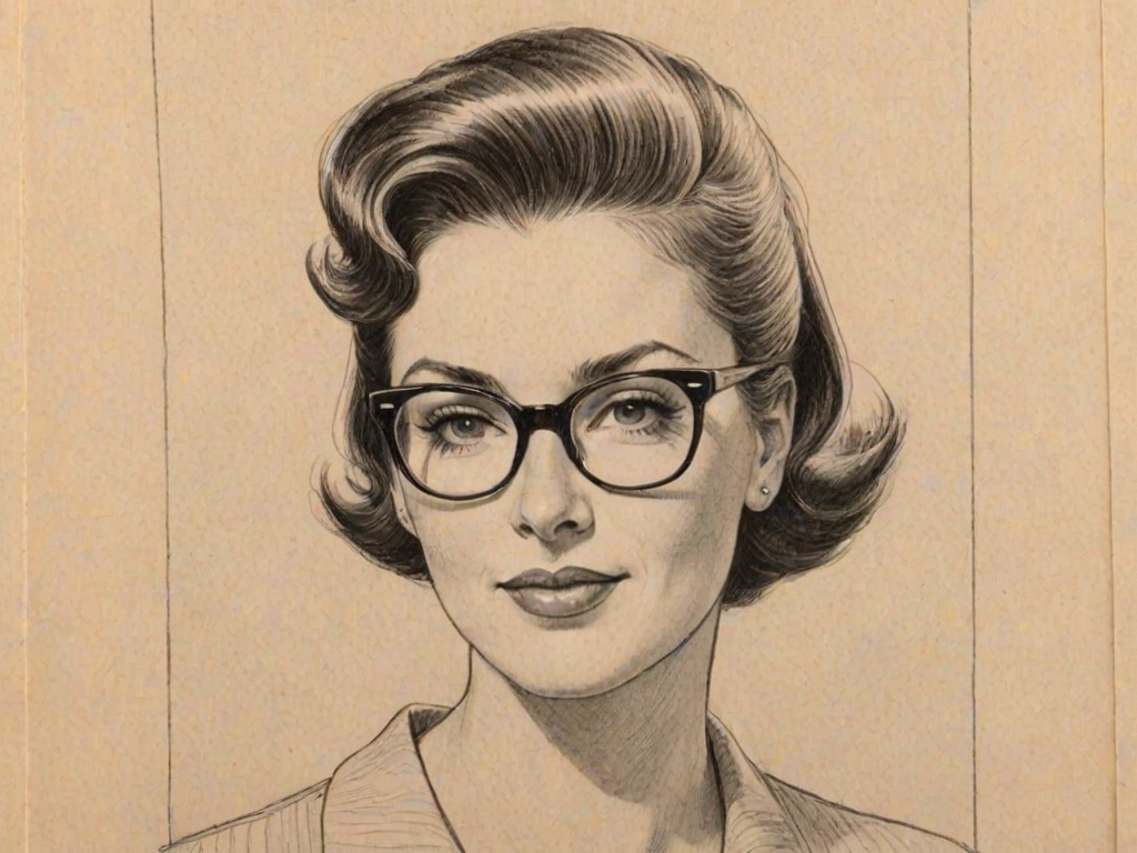 Pleasing Diane Farr, pencil sketch, portrait of Delightful woman 1950s in glasses, hair style beatnik, outline, clear lines, fine lines, 8k