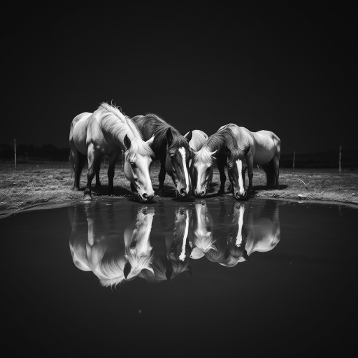 Regenerate an image of four horses drinking from a still water source at night, captured with a DSLR camera, 50mm lens, f/1.8 aperture, ISO 200, slow shutter speed to enhance the reflection, in black and white, low angle view.