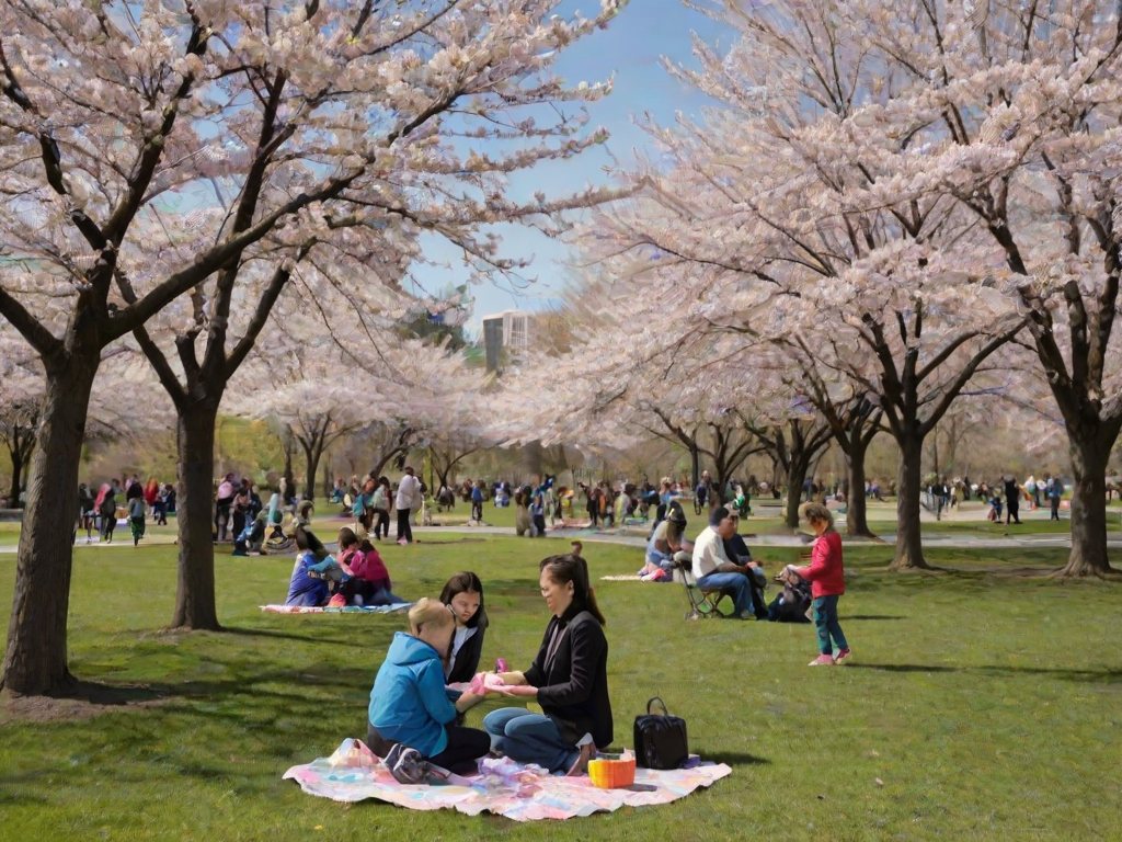 Bustling city park during spring, with families enjoying picnics, children playing frisbee, and cherry blossoms in full bloom, creating a lively atmosphere.