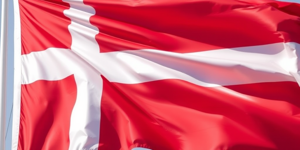 High-resolution image of a waving Danish flag with vibrant red and white colors, captured with a DSLR camera at f/8 aperture, ISO 100, 50mm lens, natural daylight, and a wide-angle view to emphasize the fabric texture.