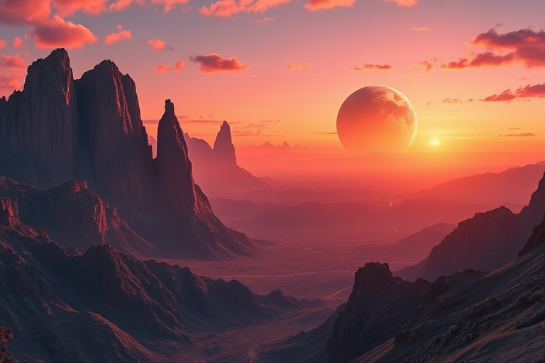 Generate a high-quality image of a surreal alien landscape featuring towering mountains and a large planet in the sky, with dramatic lighting and vibrant colors, using a DSLR camera with a 24mm lens, f/8 aperture, ISO 200, and a panoramic view to capture the extensive scenery.