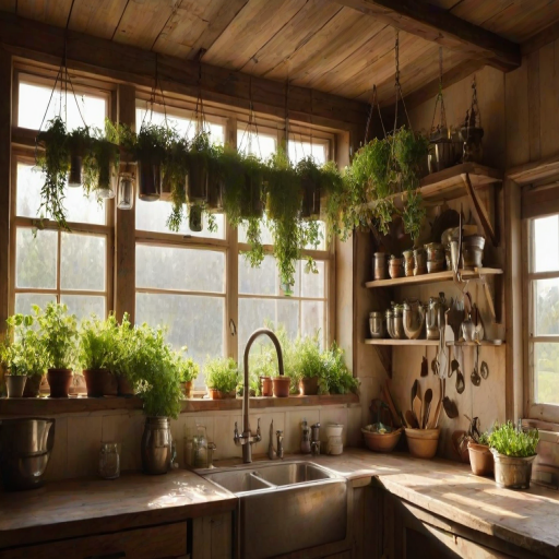 Warmly lit photo of a rustic kitchen filled with fresh herbs hanging from the ceiling, wooden shelves lined with jars, and soft sunlight pouring in from a window above the sink.