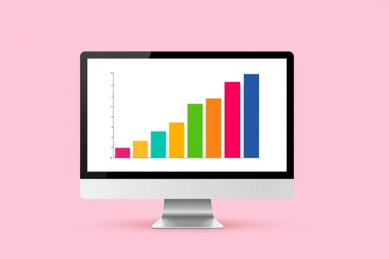 Create a high-resolution digital illustration of a modern computer monitor displaying a colorful bar graph on a light pink background, using a 50mm lens, f/2.8 aperture, ISO 100, and a digital camera to enhance image clarity and detail.