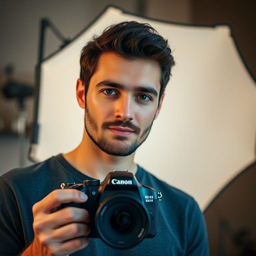 portrait of a man holding a camera with a softbox in the background, 85mm lens, f/1.8 aperture, ISO 100, natural light, shallow depth of field, DSLR camera, warm color grading