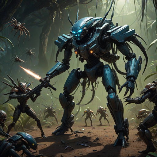 An intense scene where a heavily armored tarantula commando wields a futuristic minigun, spraying bullets in all directions. Nearby, a praying mantis in sleek, stealth armor holds twin energy daggers, poised to strike. Surrounding them are other insect warriors hornets with jetpacks and plasma rifles, and ants carrying heavy artillery. The battlefield is a massive, alien jungle with bioluminescent plants and strange creatures lurking in the shadows. The scene is a blend of chaotic action and tactical precision, with each insect commando positioned strategically in battle-ready stances, evoking a sense of organized warfare in a futuristic, alien setting
