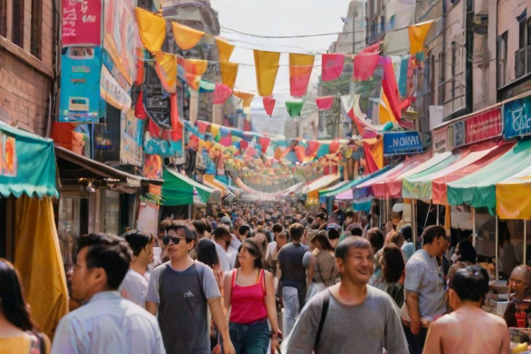 Vibrant street lined with food trucks during a festival, people sampling different cuisines, cheerful conversations filling the air, and colorful banners fluttering overhead.