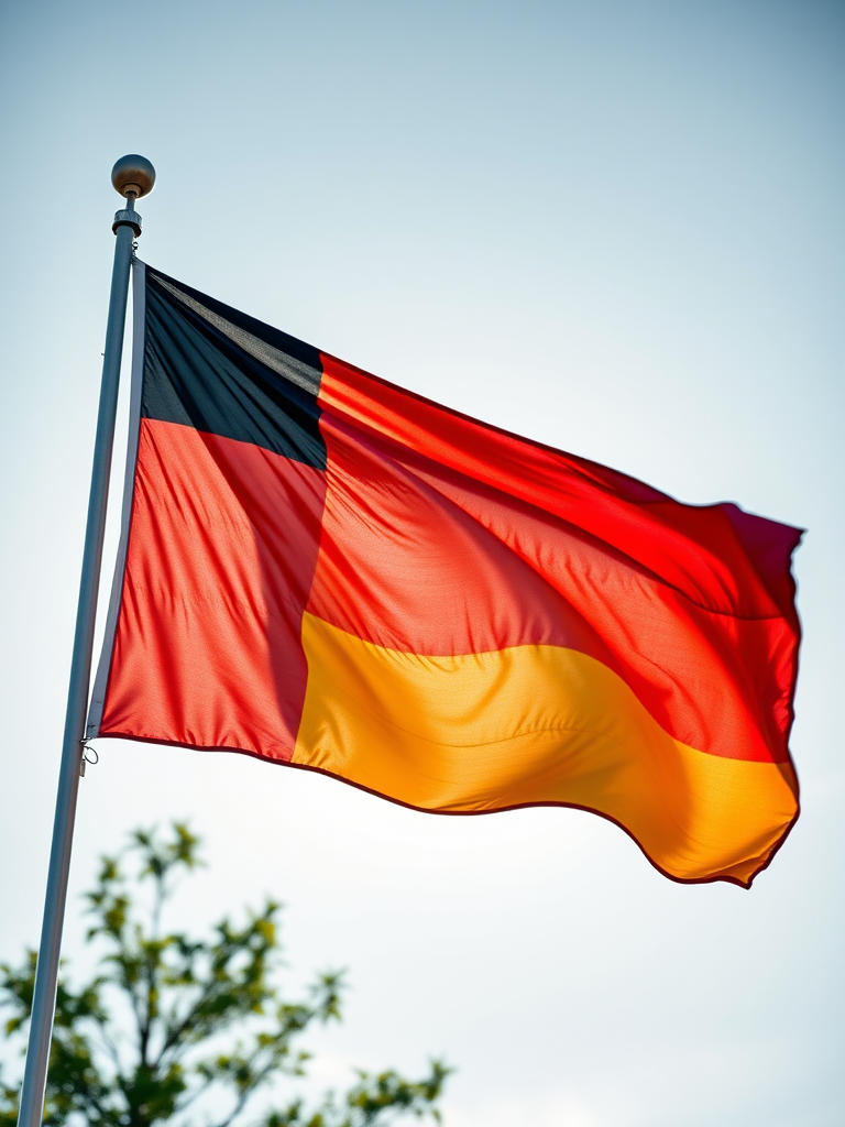 Create a high-resolution image of the German flag with a realistic texture, using a DSLR camera with a 50mm lens, aperture set to f/2.8, ISO 100, and a slight motion blur to convey waving motion, captured from a low angle to emphasize the flag's details against a bright sky.