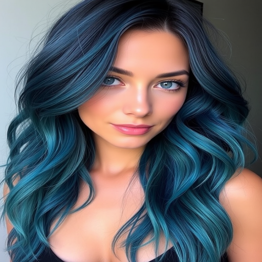 Midnight blue hair color styled in loose beach waves, Oceanic Dreams look, mimicking the depths of the sea with subtle navy and teal undertones