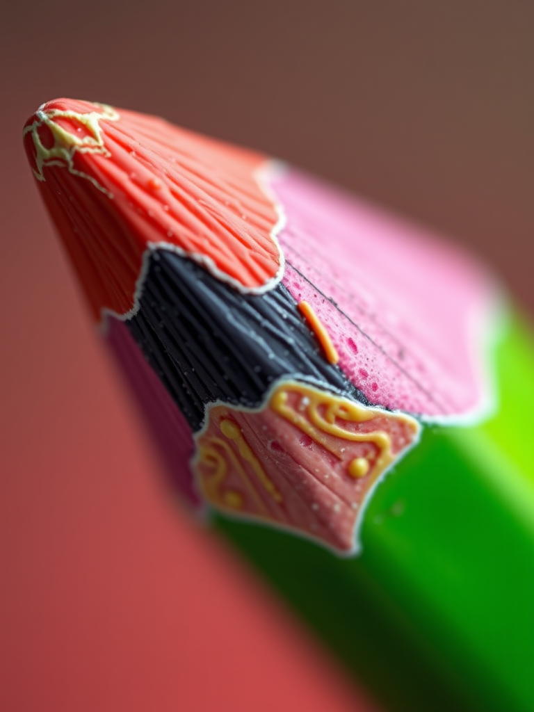 create a hyper-realistic image of a pencil with vibrant colors, 50mm lens, aperture f/2.8, ISO 100, natural lighting, close-up view, DSLR camera, high definition quality