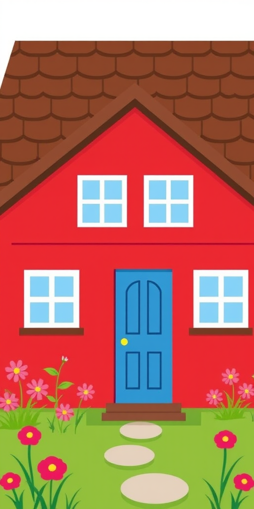Regenerate a simple vector-style illustration of a red house with a brown roof, featuring two windows and a blue door, surrounded by stylized pink flowers and green grass, using a Canon EOS 5D Mark IV with a 50mm f/1.8 lens, at f/2.8, ISO 100, and a shallow depth of field for enhanced clarity and vibrancy.