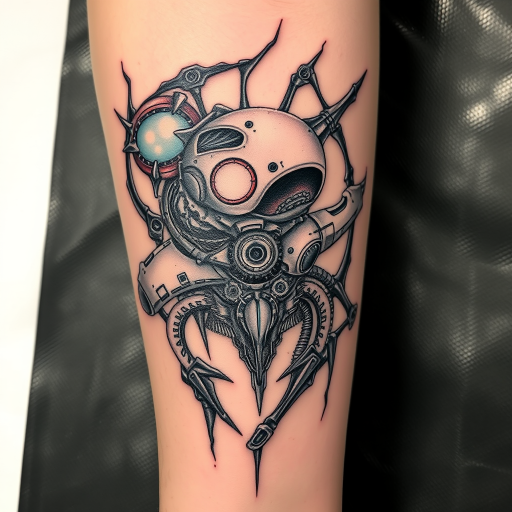 Biomechanical tattoo called "Cybernetic Fusion" blending organic forms with mechanical elements, creating the illusion of exposed robotic parts beneath torn skin using shades of gray and metallic accents