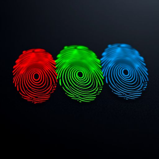 Create a highly detailed close-up image of three colorful fingerprints in red, green, and blue on a black background, using a DSLR camera with a 50mm lens, aperture set to f/1.8, ISO 100, and a shallow depth of field for an artistic effect.