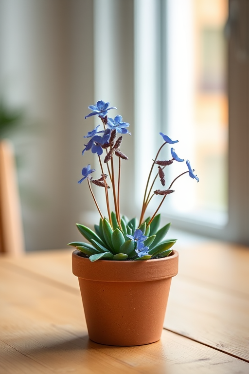 Regenerate the image of a small potted succulent with blue flowers on a wooden table, using a Canon EOS R5 camera, 50mm lens at f/1.8 aperture, ISO 100, natural light from a window for a soft focus background effect.