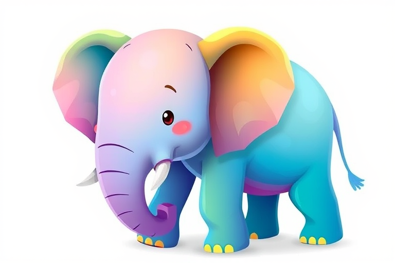 Create a whimsical illustration of a colorful elephant in a soft, gradient style with a bright white background, using a DSLR camera with a 50mm lens, aperture set to f/2.8, ISO 100, and a shallow depth of field to enhance the vibrant colors and smooth out the edges.