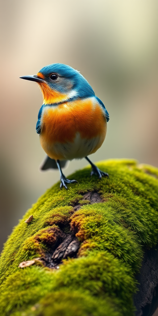 Create a detailed image of a small blue and orange bird perched on a moss-covered log, surrounded by a soft, blurred background of natural scenery.
