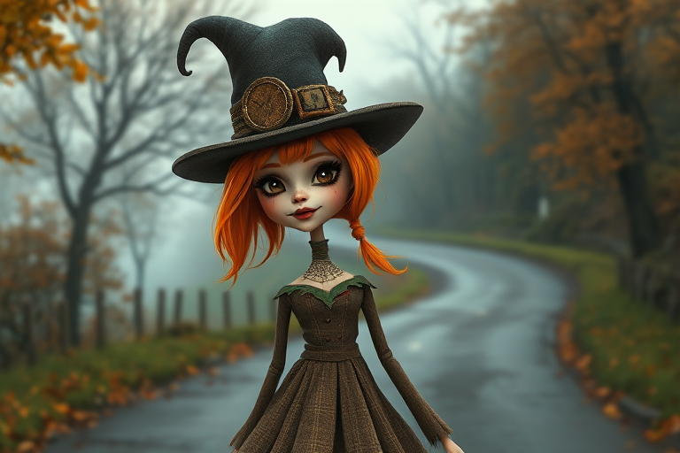 digital art fantasy depicting a strange girl with orange hair, long eyelashes, brown lipstick and a tall hat walking along a winding road on an autumn afternoon, an Oyster smiles as she passes
