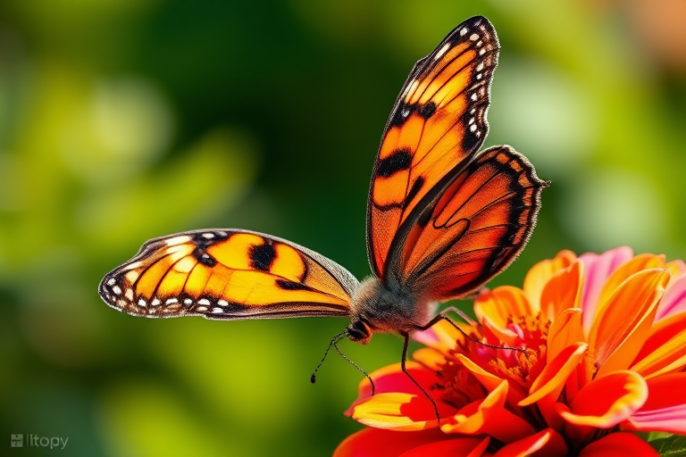 Generate an image of a butterfly perched on a vibrant flower. The butterfly should display intricate patterns with orange and black hues, showcasing its delicate wings. The flower should be colorful with shades of pink, orange, and yellow, set against a softly blurred green background, evoking a warm, sunny day in nature.
