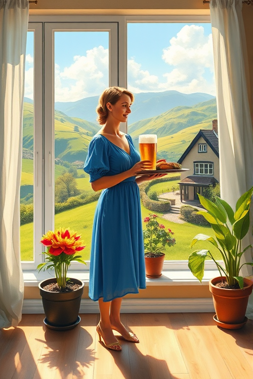 In "A Glass of Beer on the Highland," a serene scene is depicted in a sunlit room where a woman in a vibrant blue dress stands by a large window. She holds a tray with a hearty meal and a frothy glass of beer, embodying a moment of relaxation. Outside, the breathtaking highland landscape features rolling green hills and a charming traditional house, all bathed in warm afternoon light. The interior is adorned with potted plants, creating a harmonious blend of comfort and nature. The painting beautifully captures the tranquility and joy found in simple pleasures amidst stunning scenery