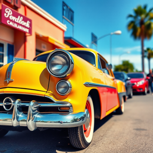 vintage car illustration, bright colors, watercolor effect, 50mm lens, aperture f/2.8, ISO 200, soft focus, shot from a low angle, DSLR camera