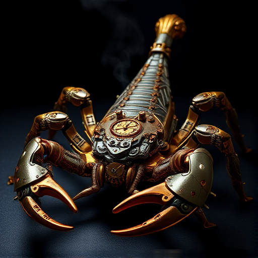 Create a high-intensity, high-resolution image of a steampunk scorpion, featuring intricate clockwork mechanisms and brass gears. The scorpion should have metallic limbs with elaborate jointed segments, showcasing a blend of Victorian-era aesthetics and futuristic technology. The body should be adorned with cogwheels, pistons, and small steam vents emitting a subtle mist, the front pinchers should up up and open. Capture the scene with dramatic lighting to emphasize the mechanical details, giving it a sense of motion and life
