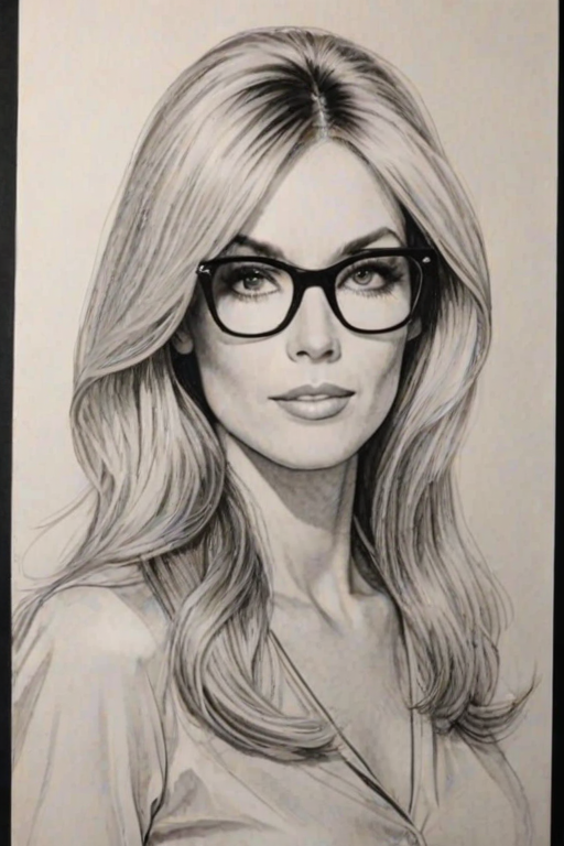 Gorgeous Alana Stewart, pencil sketch, portrait of Exquisite woman 1964s in glasses, hair style beatnik, outline, clear lines, fine lines, 8k