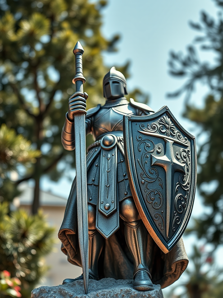 Create a highly detailed 3D rendering of a knight statue holding a sword and shield, captured from a low angle with a wide aperture (f/2.8) to create a shallow depth of field, using a DSLR camera with a 50mm lens, in bright natural lighting to enhance textures and clarity.