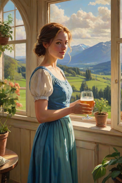 In "A Glass of Beer on the Highland," a serene scene is depicted in a sunlit room where a woman in a vibrant blue dress stands by a large window. She holds a tray with a hearty meal and a frothy glass of beer, embodying a moment of relaxation. Outside, the breathtaking highland landscape features rolling green hills and a charming traditional house, all bathed in warm afternoon light. The interior is adorned with potted plants, creating a harmonious blend of comfort and nature. The painting beautifully captures the tranquility and joy found in simple pleasures amidst stunning scenery
