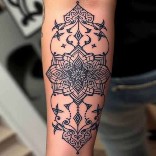 Intricate blackwork tattoo called "Shadow Weave" incorporating delicate geometric patterns and mandala-inspired designs with precise linework and bold negative space elements