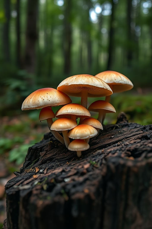 Mushrooms growing on a tree stump in a dense forest, macro shot, f/2.8 aperture, 1/200 sec shutter speed, ISO 100, using a DSLR camera with a 100mm macro lens, natural light, focus on the foreground mushrooms with blurred background.