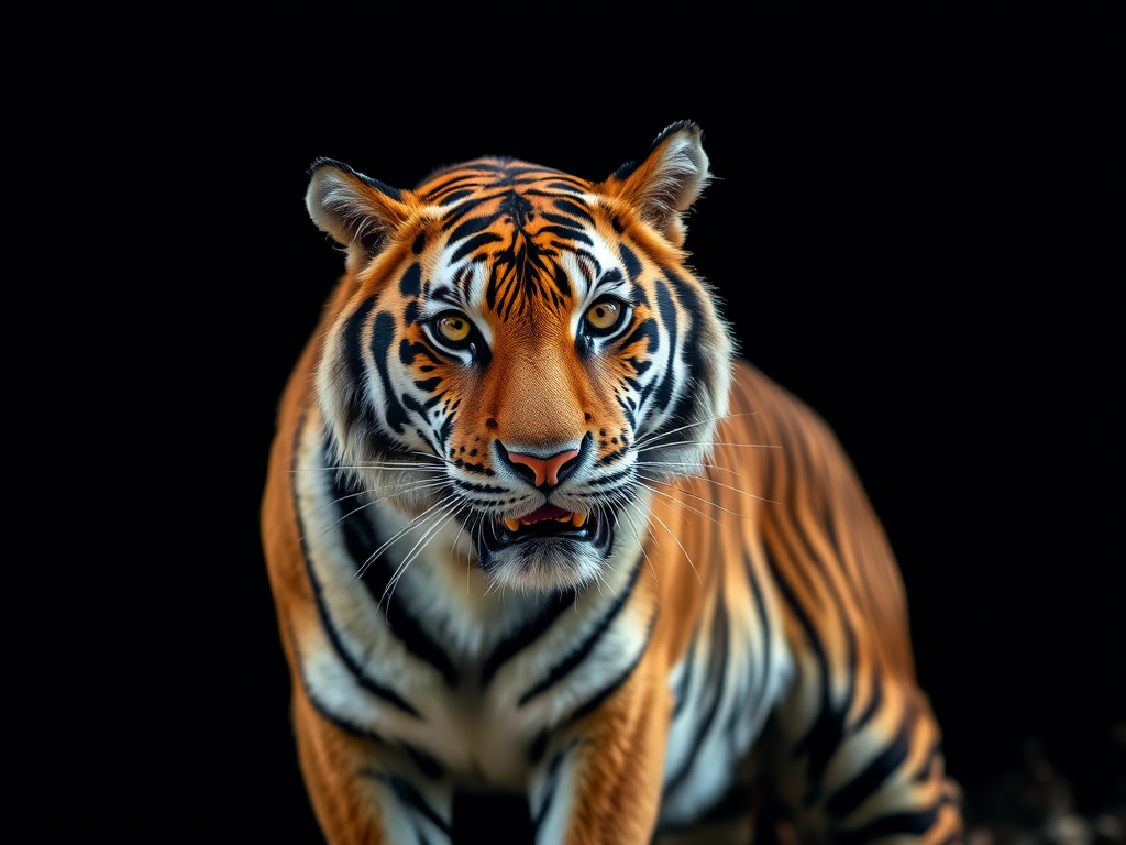 Create a high-resolution image of a tiger in a dramatic pose against a dark background, using a DSLR camera with an aperture of f/2.8, ISO 200, shutter speed of 1/500s, shot from a low angle with a shallow depth of field for a vibrant focus on the tiger's face and fur texture.