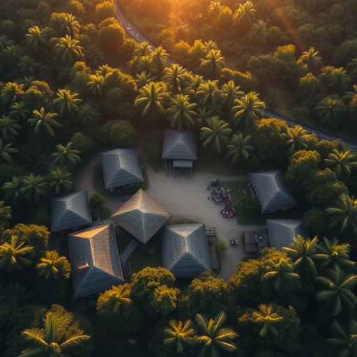 High-resolution aerial view of a serene village with thatched-roof houses surrounded by a dense forest, soft golden sunlight filtering through the trees, shot with a DSLR camera at f/8 aperture, ISO 100, 24mm lens, and a slight tilt-shift effect for enhanced depth of field.