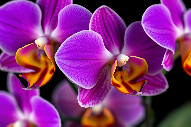 Capture a close-up of vibrant purple and yellow orchids against a black background, using a Canon EOS R5, 85mm f/1.4 lens, ISO 100, shutter speed 1/200s, natural light, and a shallow depth of field for enhanced detail and clarity.