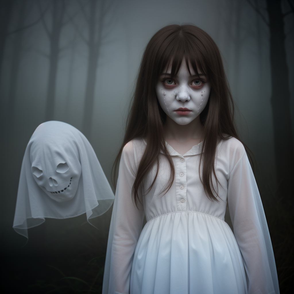 Haunting Portrait of a Ghostly Girl in a Foggy Forest Setting
