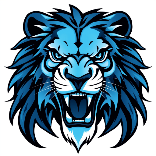 Generate a high-resolution digital illustration of a stylized lion's head in a roaring position, emphasizing sharp details and icy blue tones, using a DSLR camera with a 50mm lens at f/1.8, ISO 100, and a shutter speed of 1/200 sec for clarity and depth.