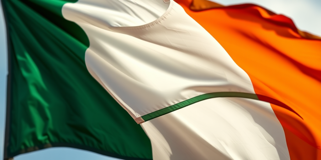 high-resolution close-up of an Irish flag waving in the wind, captured with a Canon EOS R6, 85mm lens, aperture f/1.8, ISO 200, soft natural lighting, vibrant colors with depth and texture, shallow depth of field for a dreamy effect